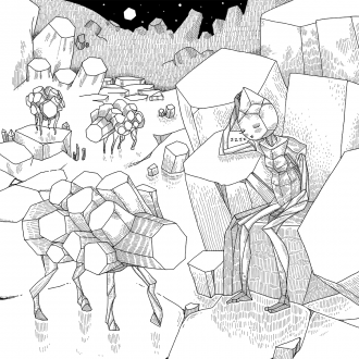 In a field of crystal, crystal quadrapeds wander as a crystal biped slumbers on a seat of crystals. Drawn in a pen-and-ink style with lots of hatchies.