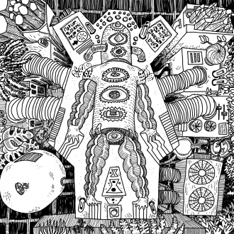 A top-down view of a sarcophagus-like vessel, surrounded by, and hooked up to, a variety of mysterious devices. There are crystals and plants present, but it is unclear whether they are incorporated into the devices. There is a bit of refuse here and there.