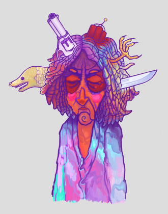 A colorful man with a variety of angry looking items emerging from his ample hair