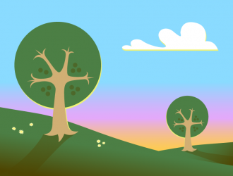 A cartoony sunrise behind hills and trees